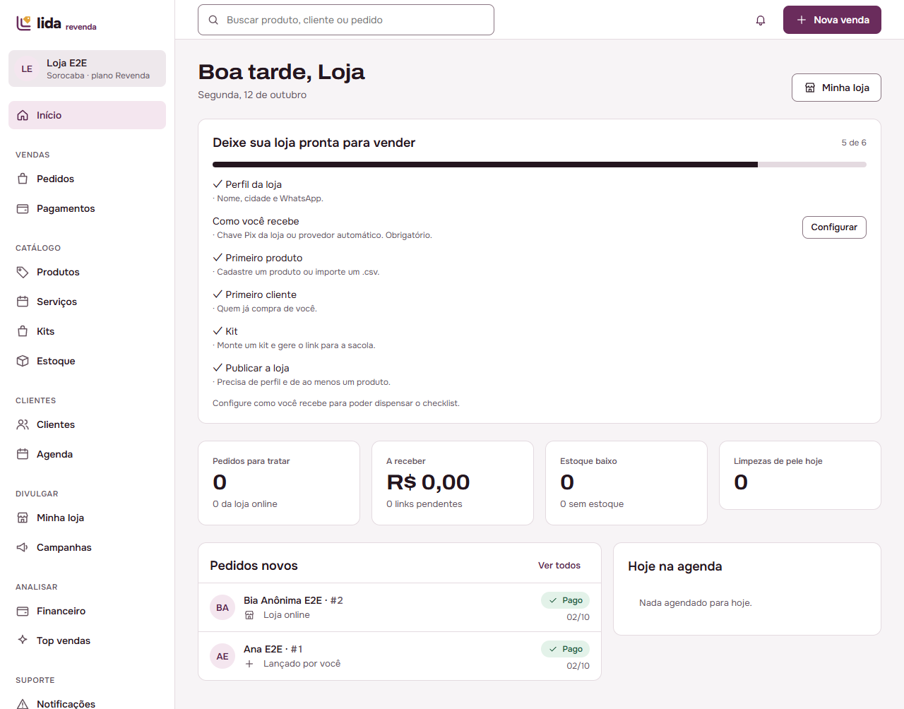 Tela inicial do Lida Revenda com pedidos, valores a receber e alertas de estoque